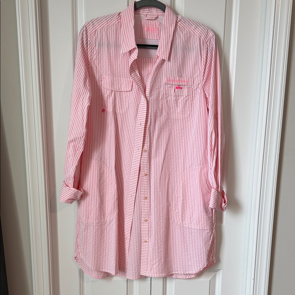 NWT Vineyard Vines Harbor Shirt Cover-Up Neon Rosa Seersucker Size 12